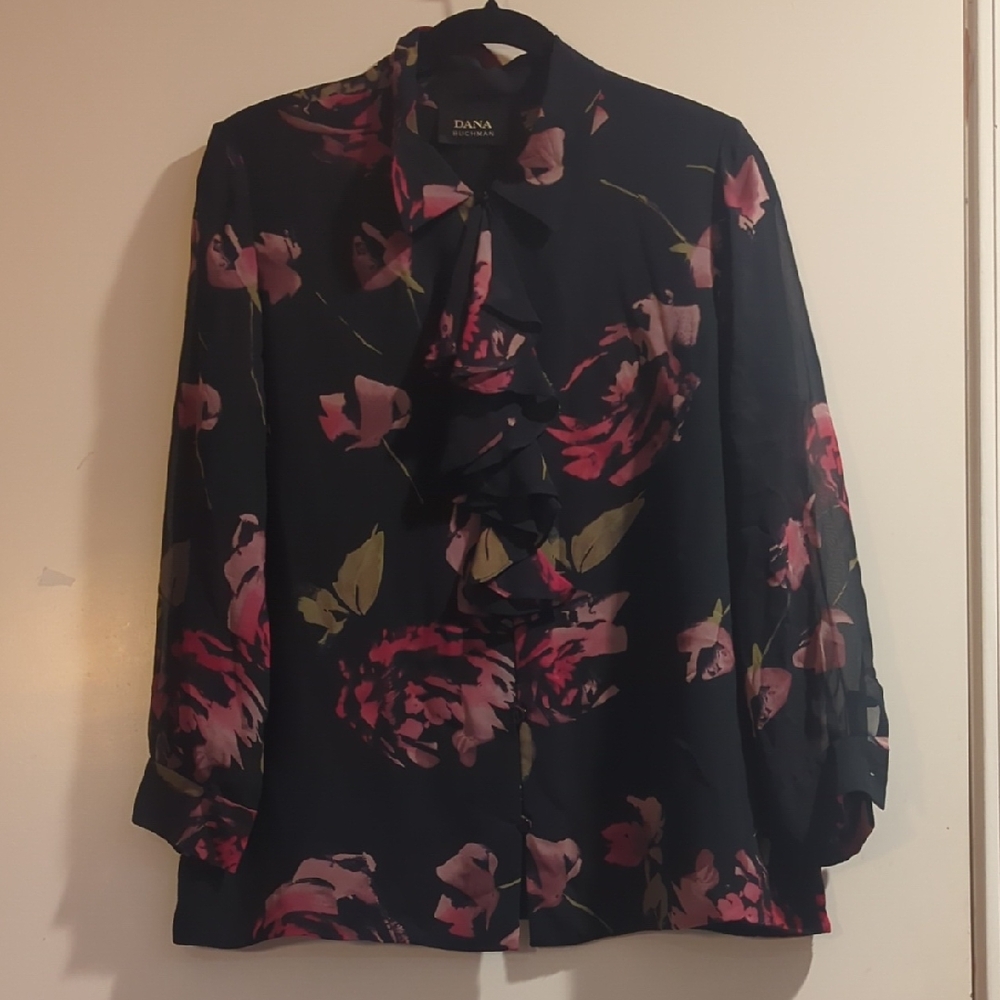 Dana Buchman Black and Pink Floral Ruffle Blouse